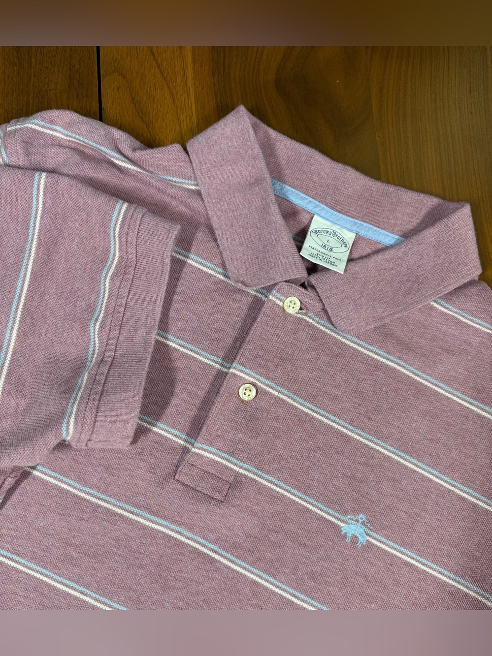 Brooks Brothers Mens Mauve And Blue Striped Performance Polo Shirt  Size SLIM, L